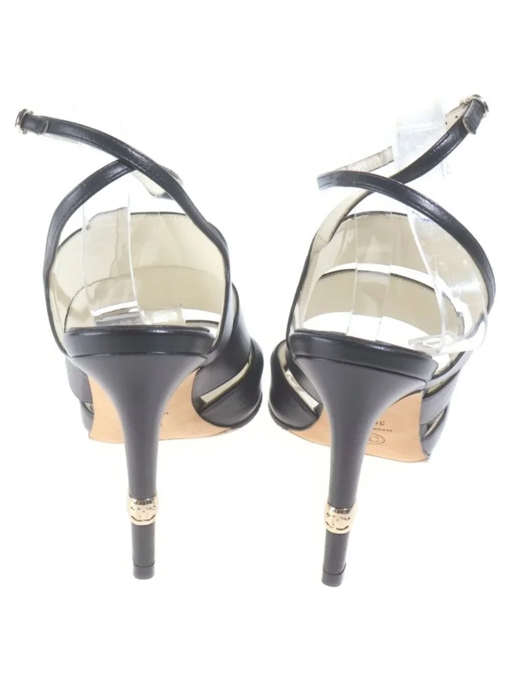 Chanel CC Logo Heels Leather Sandals Shoes Open Toe Black